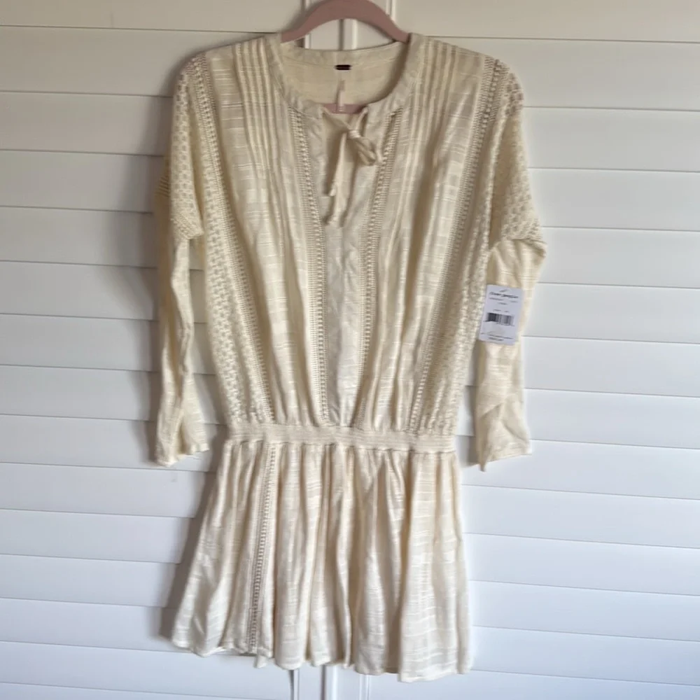 NWT FREE PEOPLE Women's White 'NOMAD' Peasant Boho Pintucked Mini Dress‎ Xs